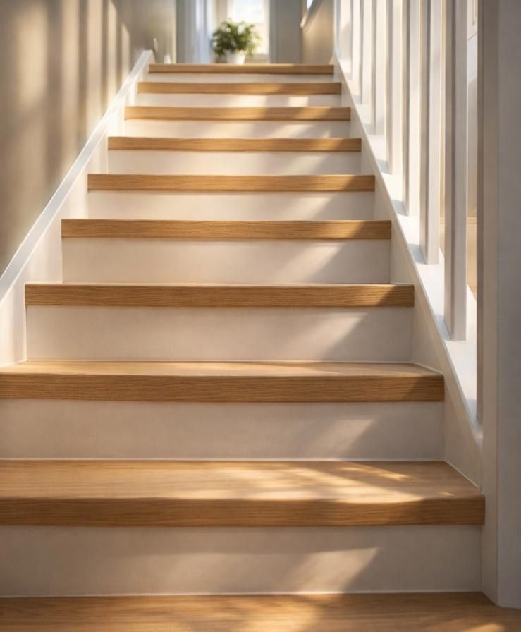 Volée d’escalier aux marches en bois clair et contremarches blanches, éclairée par la lumière du jour