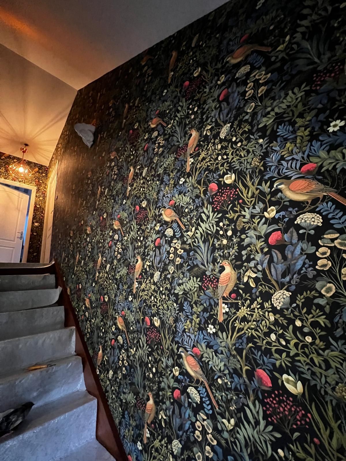 Montée d’escalier tapissée d’un papier peint floral sur fond noir, à motif d’oiseaux et de feuillages