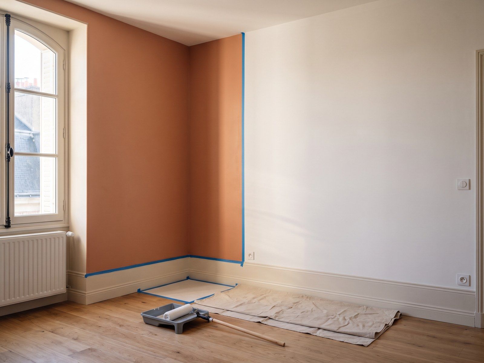 Image d’illustration — mur terracotta fraîchement peint, rouleau et bâche de protection au sol